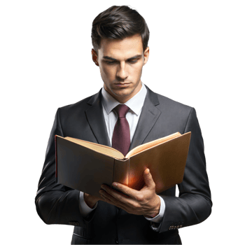 Professional man reading a book in a black suit and tie png