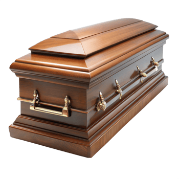 Elegant wooden coffin with brass handles on a transparent background png