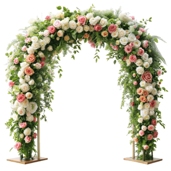 Elegant floral arch adorned with lush roses for wedding png