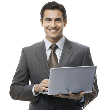 Smiling businessman with laptop standing on transparent background png