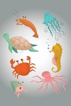 Cute sea animals with sea creatures for girls and boys summer baby shower and birthday party design. Jellyfish, crabs, shrimp, turtles, octopus, seahorses, sea snails. vector