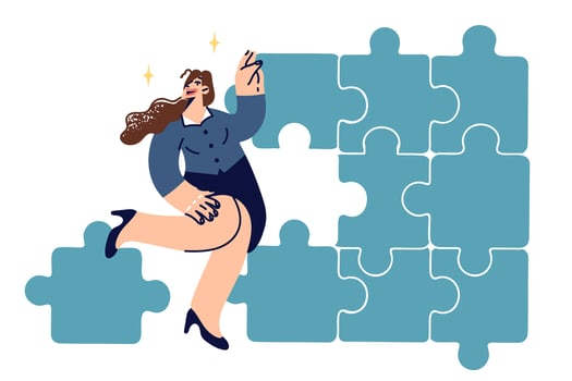 Business woman builds solid corporate structure from puzzle pieces, demonstrating management skills vector