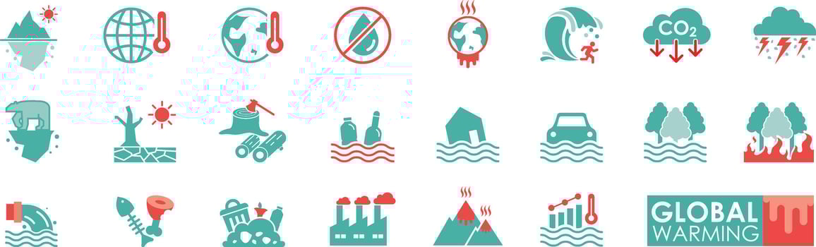 Global warming Icon set Solid icon simple style. Contains CO2, thunderstorm, world, destroy, Factory, Iceberg, Polar bear vector