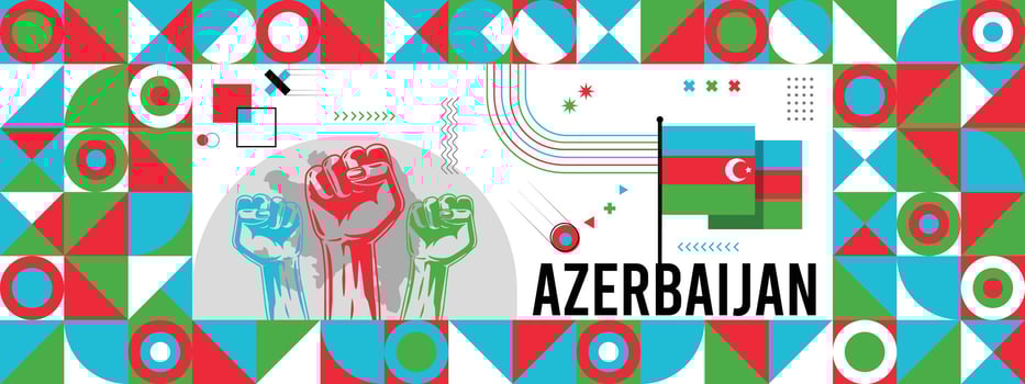 Flag and map of Azerbaijan with raised fists. National day or Independence day design for Counrty celebration. Modern retro design with abstract icons. vector