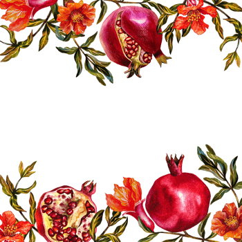 Pomegranate. Frame of pomegranate fruits on a branch, burst, cut pomegranate, pomegranate flowers. Watercolor illustration. For banners, labels, packaging, postcards, etc. png