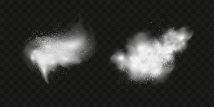 A realistic set of white clouds of flour, sugar, washing powder. An explosion of snow dust in the air. A splash of ice crystals in a white blizzard cloud. vector