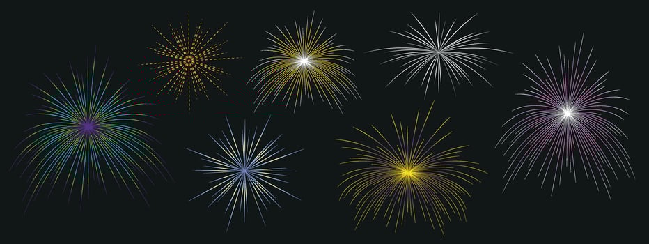 Glowing firework collection. Fireworks isolated on a dark background. Festive fireworks, explosion. Design template for celebrating concept, greeting cards, banners. vector