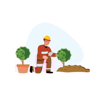 Worker in protection uniform and helmet planting trees vector
