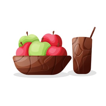 morning breakfast, healthy breakfast, apple with tea, wooden glass and wooden bowl vector