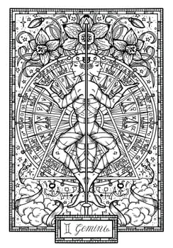Zodiac sign Twins or Gemini. Hand drawn fantasy graphic illustration in frame vector