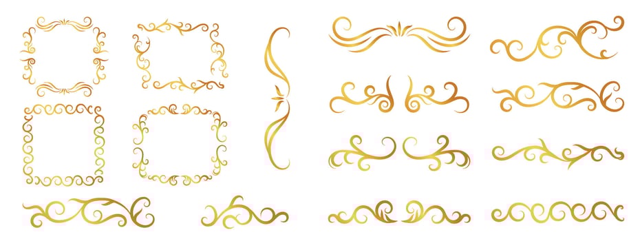 Luxury gold ornate invitation set. Collection of ornamental curls, dividers, border, frame, corner, components. Set of elegant design for wedding, menus, certificates, logo design, branding. vector