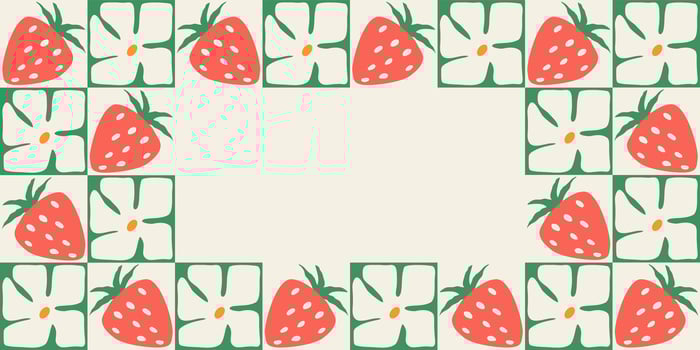 Colorful retro style rectangular frame of strawberries and flowers . Vintage style hippie clipart element design collection. Hand drawn nature collage, summer blank template with flowers and vector