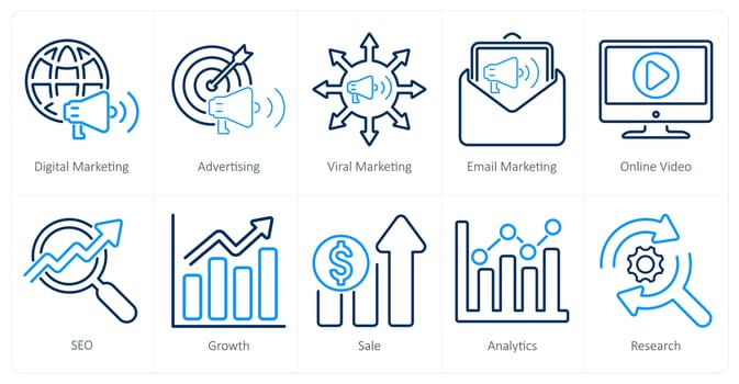A set of 10 digital marketing icons as digital marketing, advertising, viral marketing vector