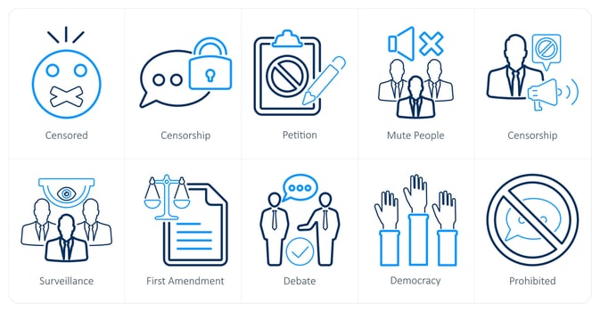 A set of 10 freedom of speech icons as censored, censorship, petition vector