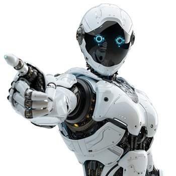 Ai android robot pointing hand at front on isolated transparent background png