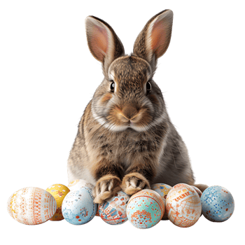Easter bunny with easter eggs on isolated transparent background png