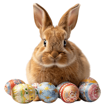 Easter bunny with easter eggs on isolated transparent background png