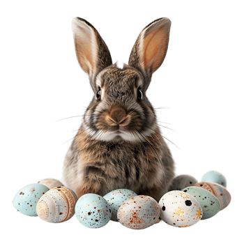 Easter bunny with easter eggs on isolated transparent background png