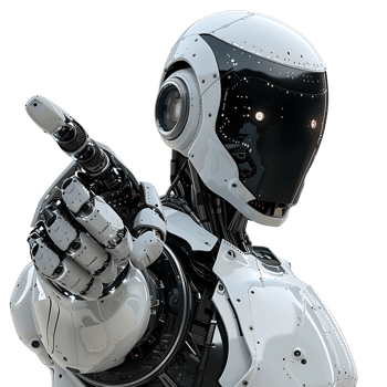 Ai android robot pointing hand at front on isolated transparent background png
