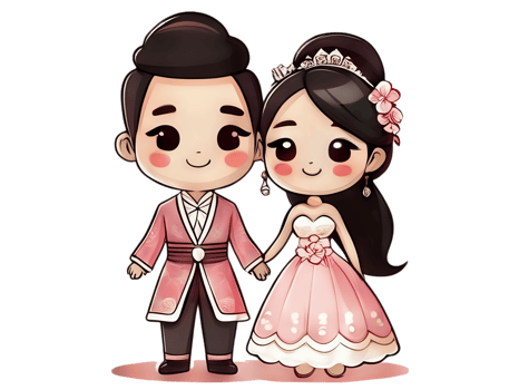 A cartoon couple in a wedding dress and suit png