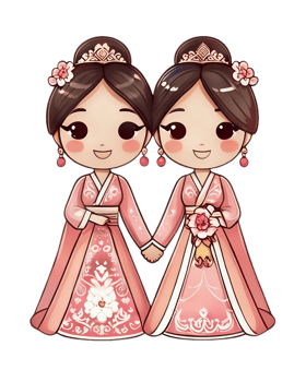 Two young women in traditional Chinese wedding attire holding hands and smiling png