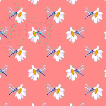 Seamless pattern dragonfly flower Spring summer Pink background wild flowers poster banner postcard cover Fabric clothes wrapping wallpaper template Textile vector