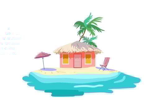Isolated pink bungalow thatched roof Yellow sand Tropical palm Sea shore Beach umbrella chaise lounge Marine print Poster poster clothing wallpaper vector