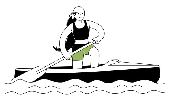 Sports female athlete trains on kayak outline icon. In pose with support on one knee, she paddles. Canoe training. Rowing sprint. Character for sports standings, web, mascot. line illustration. vector