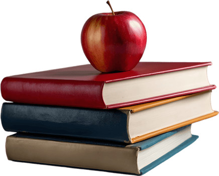 A stack of colorful books with a red apple on top. Mothers Day clipart. AI-Generated. png
