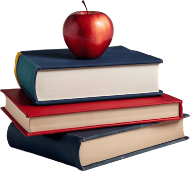 A stack of colorful books with a red apple on top. Mothers Day clipart. AI-Generated. png