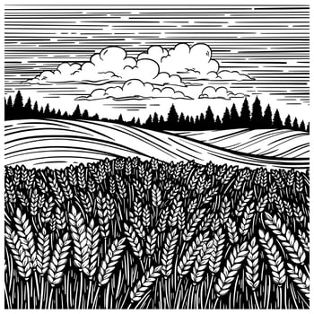 Rural landscape with wheat field, meadow and hillside. Black and white ink illustration in sketch line style. vector
