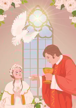 A girl in a white dress during the first communion. A priest holds bread, a manifestation of the holy spirit in the form of a white radiant dove. Church member receiving the Eucharist vector