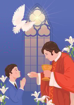 A boy in a suit during the first communion. A priest holds bread, a manifestation of the holy spirit in the form of a white radiant dove. Church member receiving the Eucharist vector