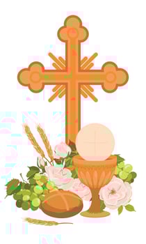 Symbols of the first communion. Golden bowl for wine, crucifix, bread, wine, grapes, white roses. Elements for beautiful invitation design. Festively decorated altar. vector