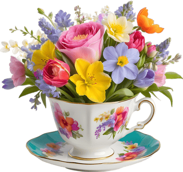 A vintage-style teacup overflowing with colorful spring flowers. Mothers Day clipart. AI-Generated. png