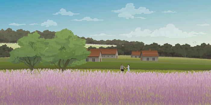 Couple of lover hands holding together at lavender fields on the hill have country houses and mountain range behind illustration. vector