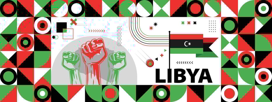 Flag and map of Libya with raised fists. National day or Independence day design for Counrty celebration. Modern retro design with abstract icons. vector