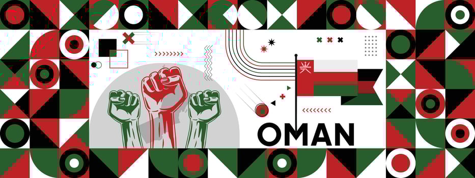 Flag and map of Oman with raised fists. National day or Independence day design for Counrty celebration. Modern retro design with abstract icons. vector