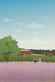 Couple of lover hands holding together at lavender fields on the hill have country houses and mountain range behind illustration. vector