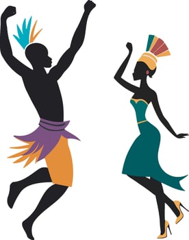 Silhouettes of black African man and woman dancing on the go an ethnic dance, artwork featuring the culture of Africa. vector