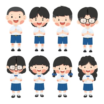Cute thai kid in school uniform set vector