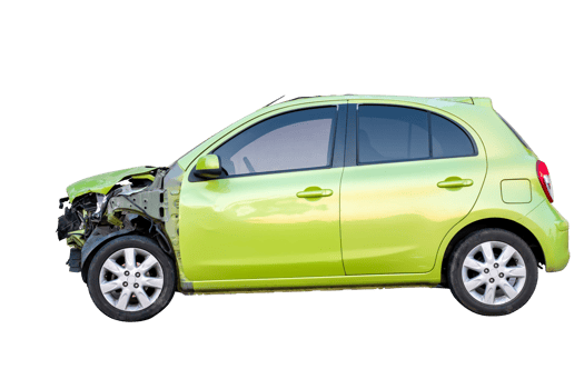 Car crash, Side view of modern green eco car get damaged by accident on the road. damaged cars after collision. isolated on transparent background, File png