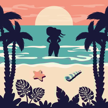 Summer beach background in retro stile. Tropical seascape with sand beach, silhouette of beautiful woman, palm, leaves, seagulls. flat vintage illustration for travel card, holiday, nature vector