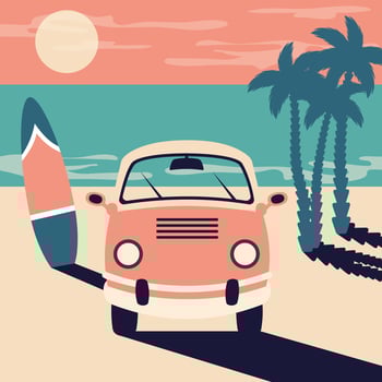 Family car trip. Bus camper with surfboard on beach. Retro Summer beach background with tropical palms, ocean. Travel by minibus concept. vintage flat illustration vector