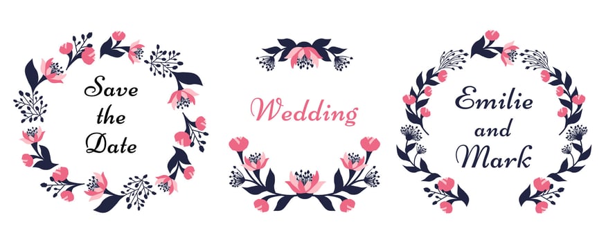 Set of beautiful decorative floral frames. Modern simple delicate design of outline lines and flowers for greeting card, wedding invitation, beauty industry, logo, cosmetics. illustration vector
