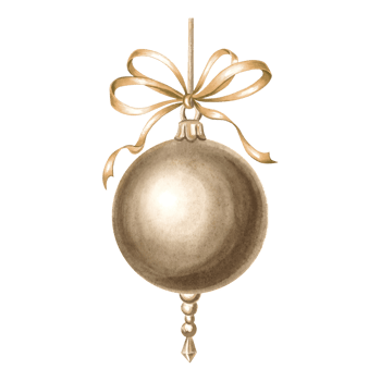 Christmas tree ball bronze ornate, beads and gold silk bow. Drawing in vintage. Hand drawn watercolor illustration holiday decoration. Isolated template for invitation, greeting card, New Year, print. png