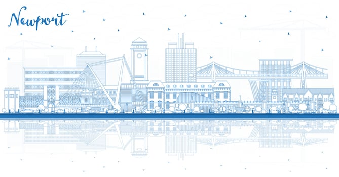 Outline Newport Wales City Skyline with Blue Buildings and reflections. Newport UK Cityscape with Landmarks. Business Travel and Tourism Concept with Historic Architecture. vector