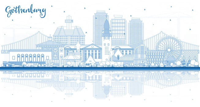 Outline Gothenburg Sweden City Skyline with Blue Buildings and reflections. Gothenburg Cityscape with Landmarks. Travel and Tourism Concept with Historic Architecture. vector
