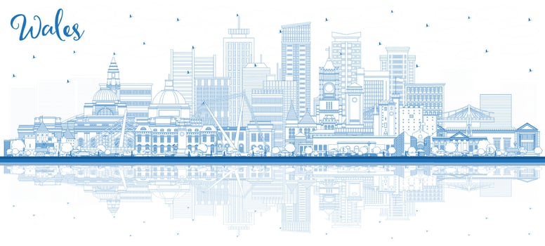 Outline Wales City Skyline with Blue Buildings and reflections. Concept with Historic Architecture. Wales Cityscape with Landmarks. Cardiff. Swansea. Newport. vector