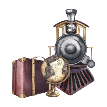 Traveling by train. A retro steam locomotive, a suitcase and a globe. Watercolor illustration made by hand in vintage style. For banners, flyers, posters. For prints, stickers, postcards and tickets. png
